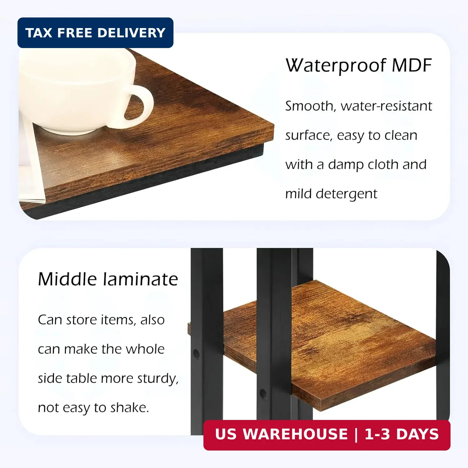 C Shaped Side Table for Sofa, Couch End Table for Small Spaces，Skinny Couch Side