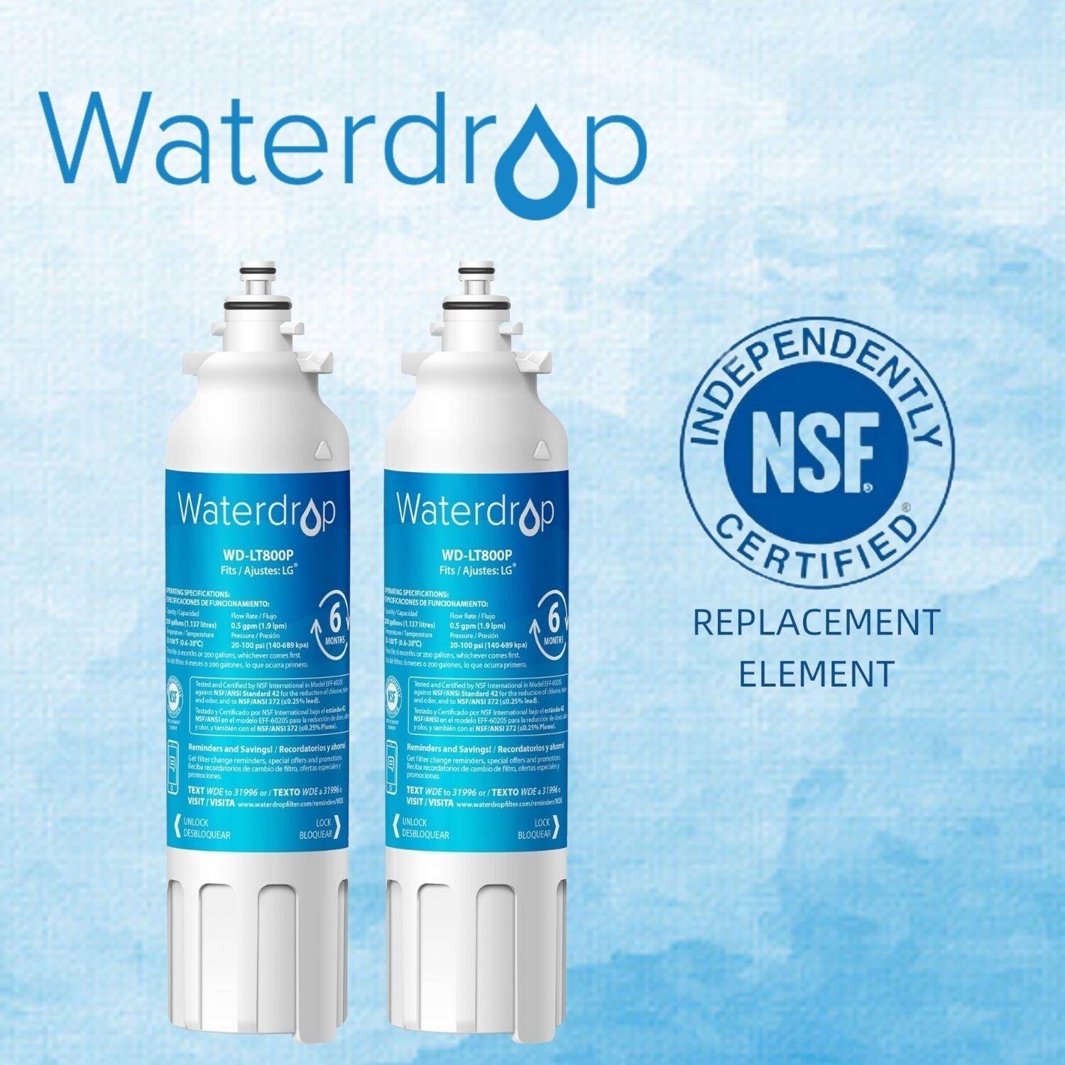 Waterdrop LT800P® Refrigerator Water Filter, Replacement for LG® LT800P®, 2 Pack