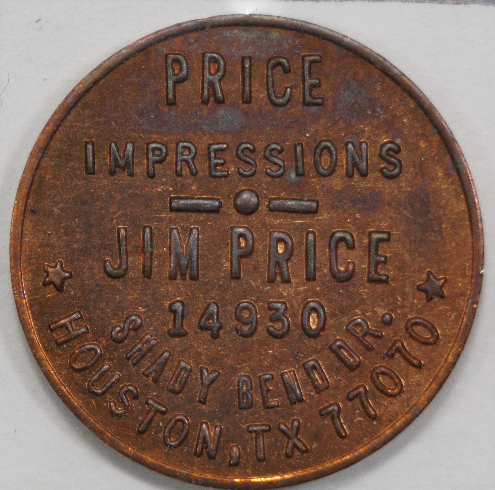 1976 Price Impressions Jim Price Houston TX Advertising Token