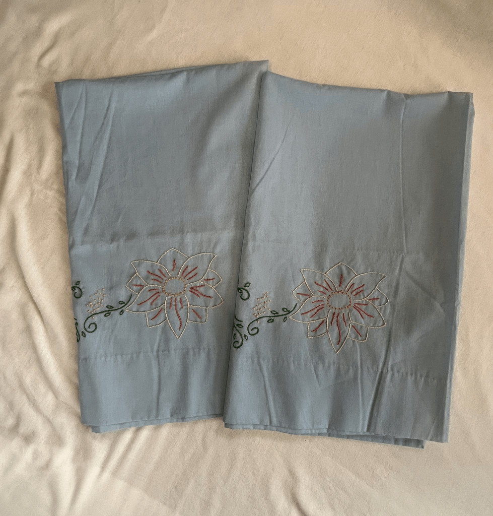 Handmade Powder Blue Pillowcase Set of Two, Flower Embroidery 20 x 32 Inches