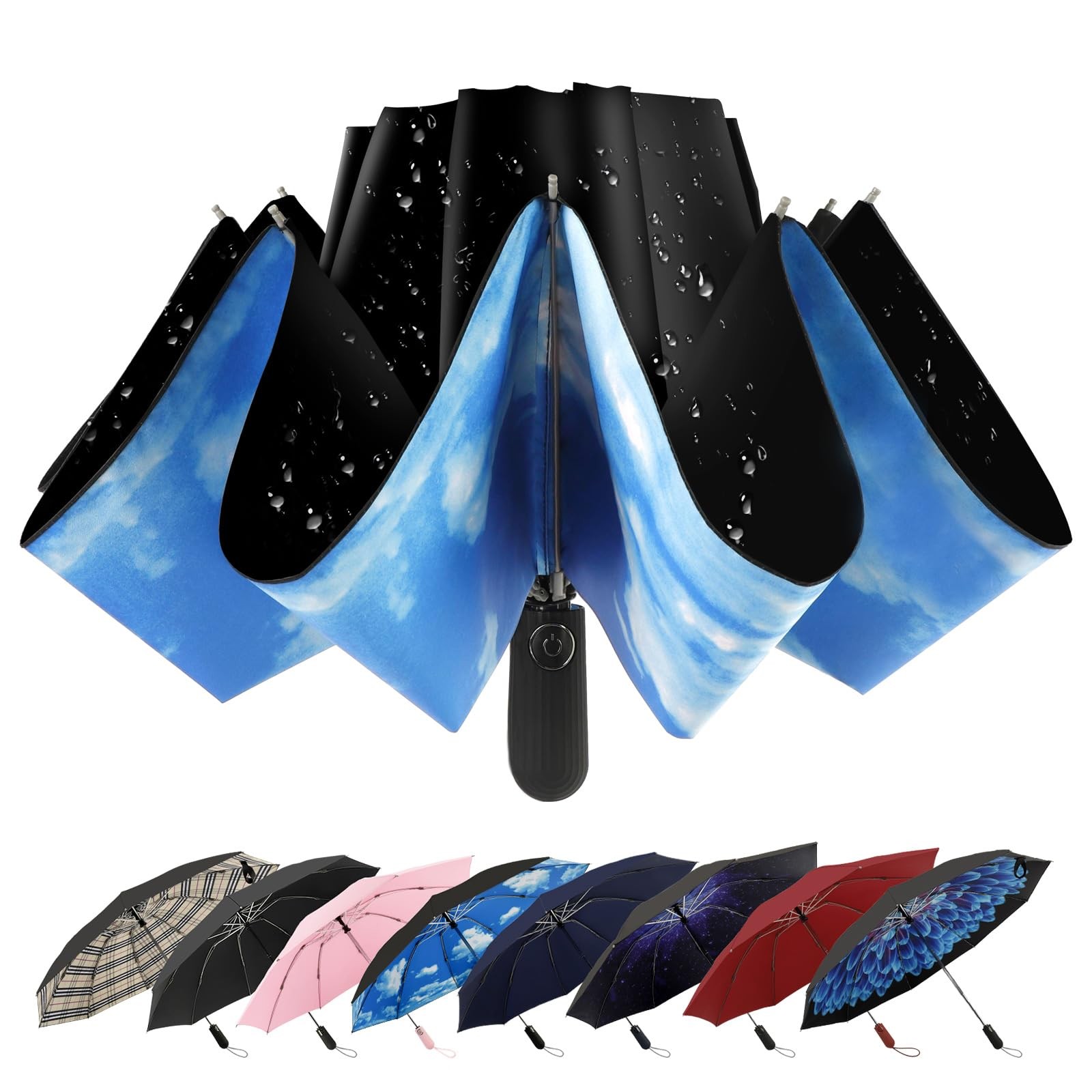 ZDSSM Compact Inverted Travel Umbrella, Automatic Open 46 Inch, High Clouds