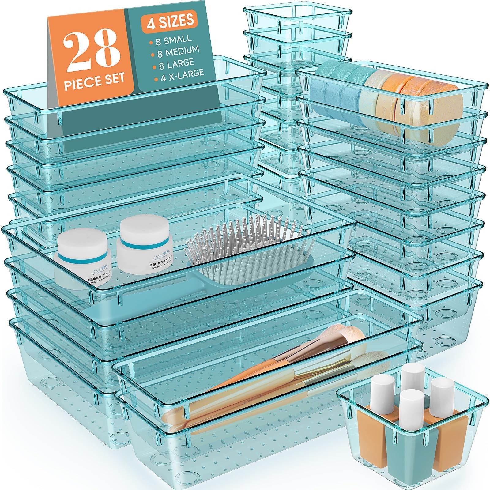 Clear Plastic Drawer Organizer 28 PCS - 4 Sizes for Makeup, Jewelry, Gadgets