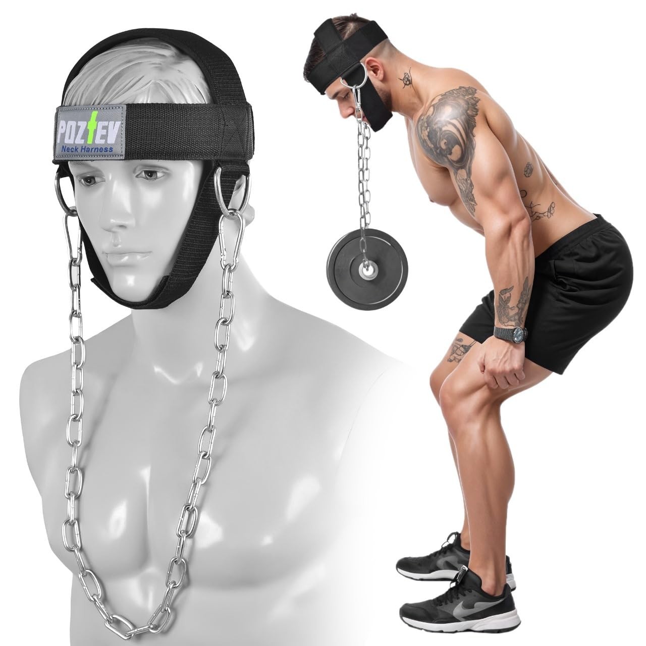 Neck Harness with Heavy-Duty Chain - Adjustable Head and Chin Straps for Neck...