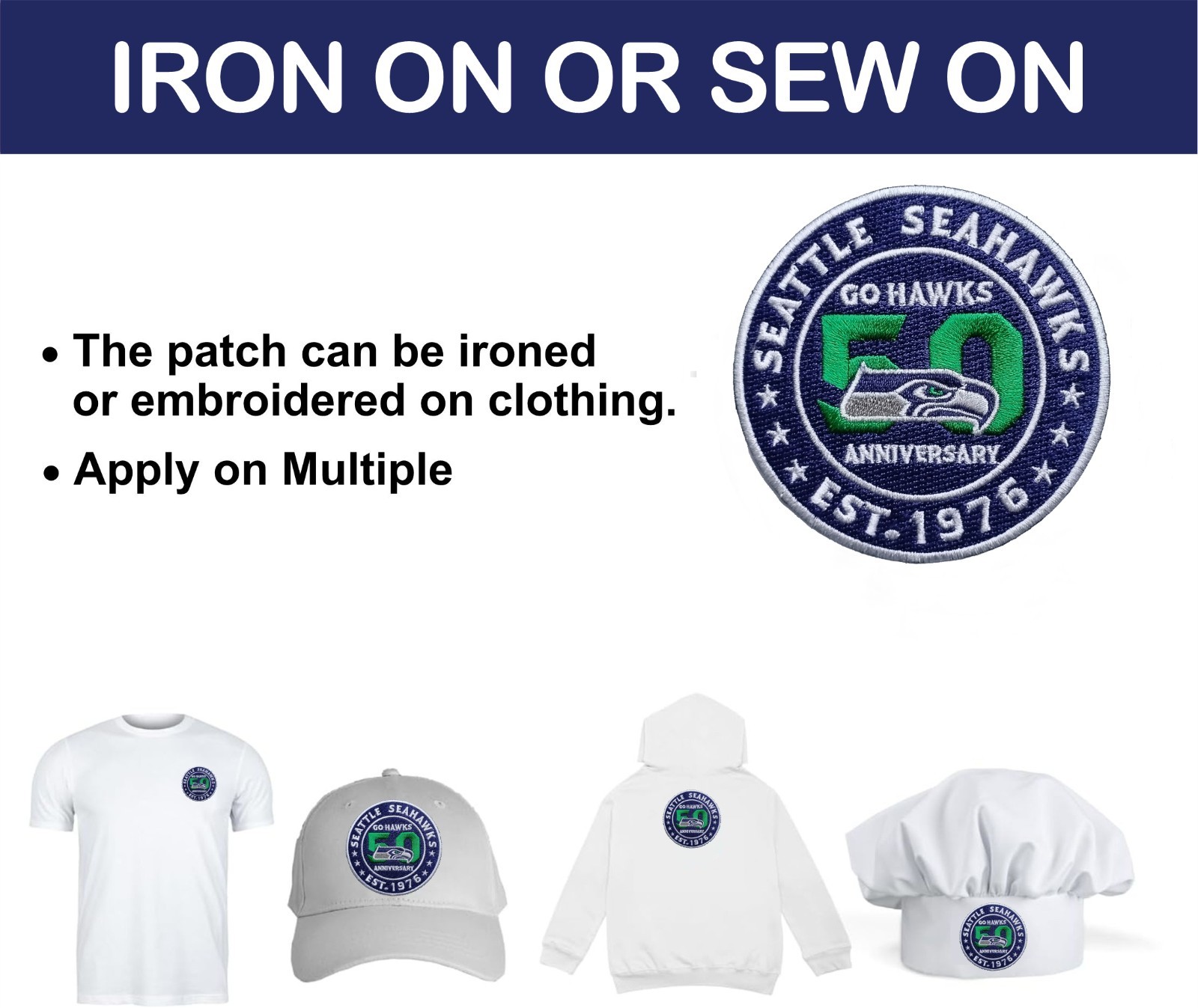 Seahawks 50th Anniversary Logo Iron On Patch-Sew Patch-Embroidered Patch