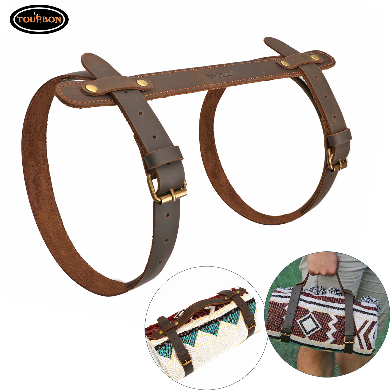 Tourbon Leather Picnic Blanket Carry Strap Camping/Trip Motorcycle Bedroll Strap
