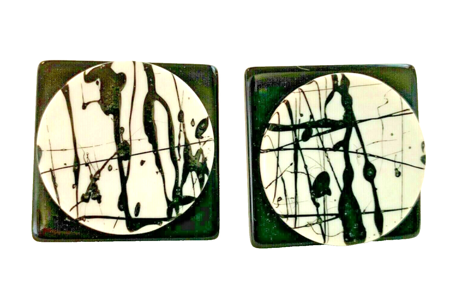 Screw Back Earrings Acrylic Black Square White Circle Vintage Splattered MCM