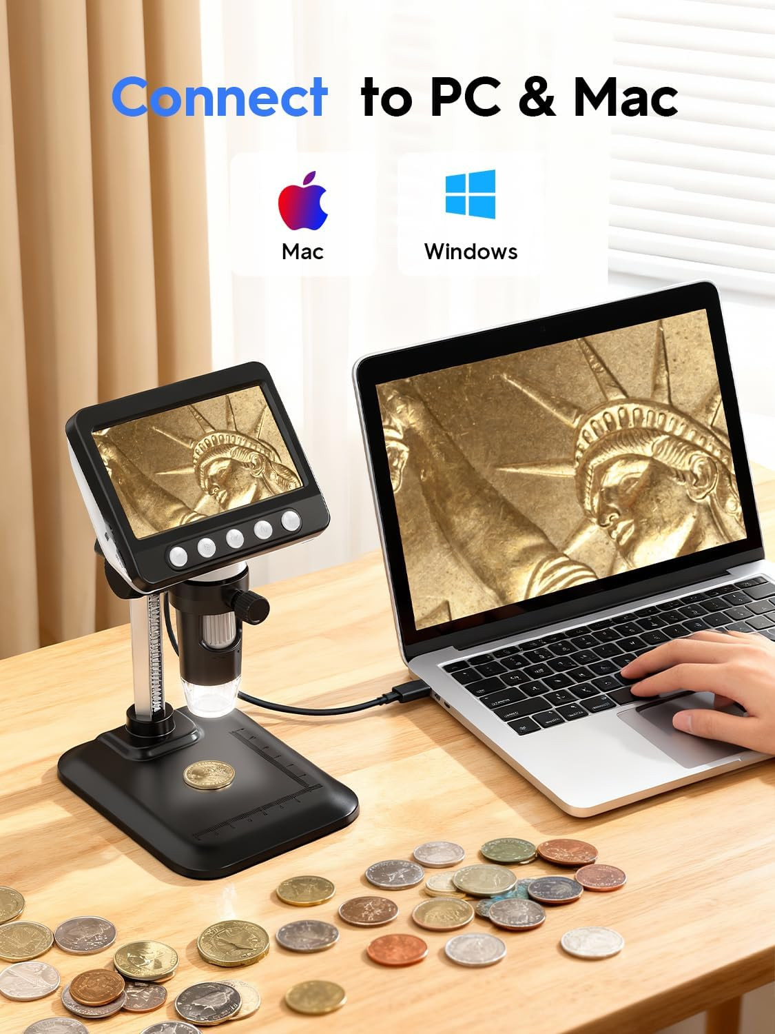Coin Microscope, 4.3" LCD USB Digital Microscope 1000X Coin Magnifier with 8 Adj