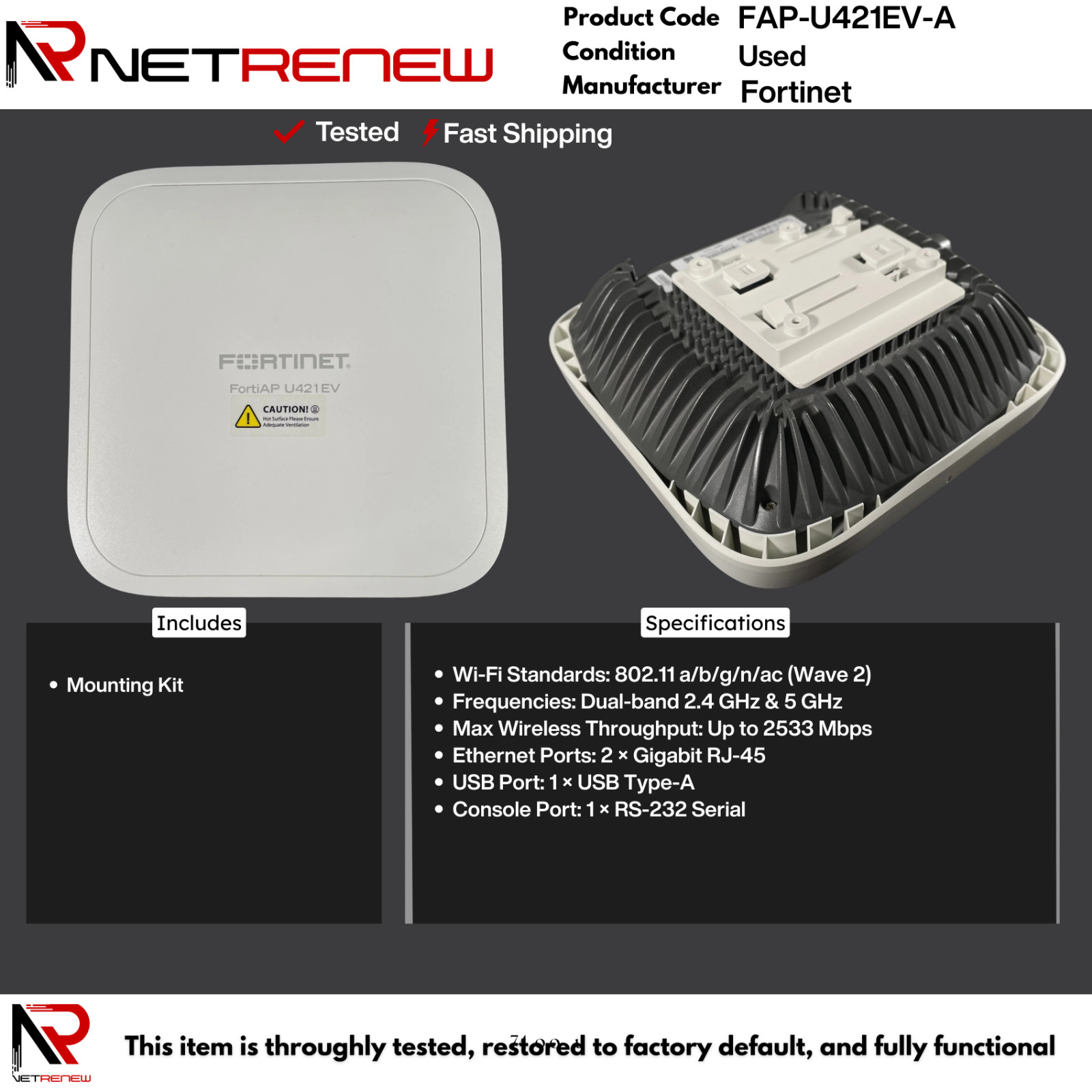 Fortinet FAP-U421EV-A FortiAP Wireless Access Point – Dual-Radio 802.11ac