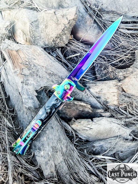 9" Rainbow Blade Spring Assisted Folding Knife With Black Inlay Handle