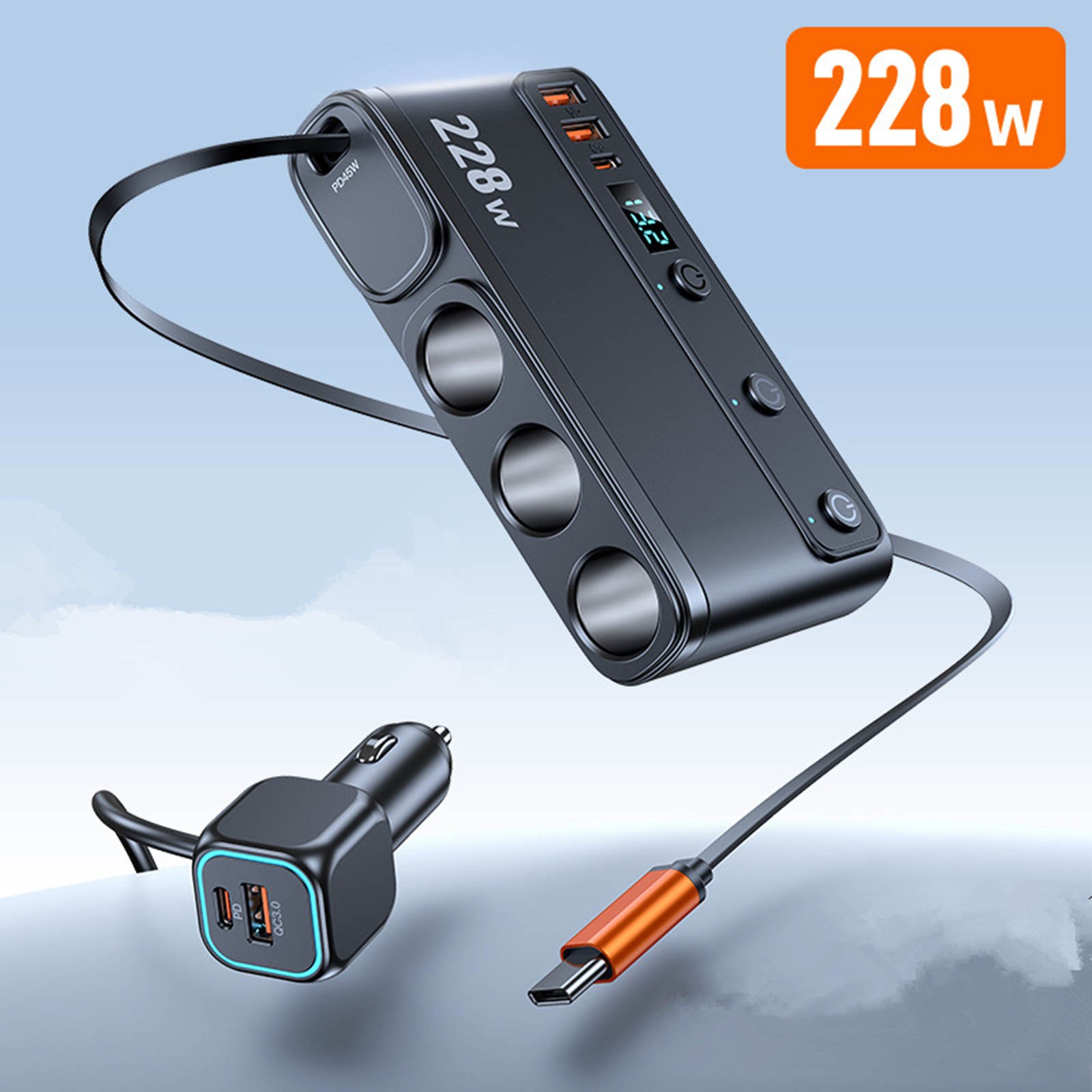 For Truck 9-in-1 Cigarette Lighter Charger 3 Sockets 6 USB Ports 228W Display