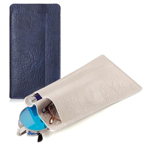 Double Eyeglasses Pouch Sunglasses Pouch Glasses Sleeve Leather Beige, Blue