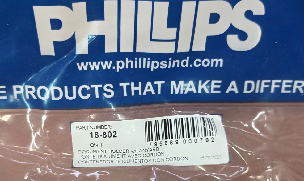 New PHILLIPS 16-802 Document Holder With Lanyard