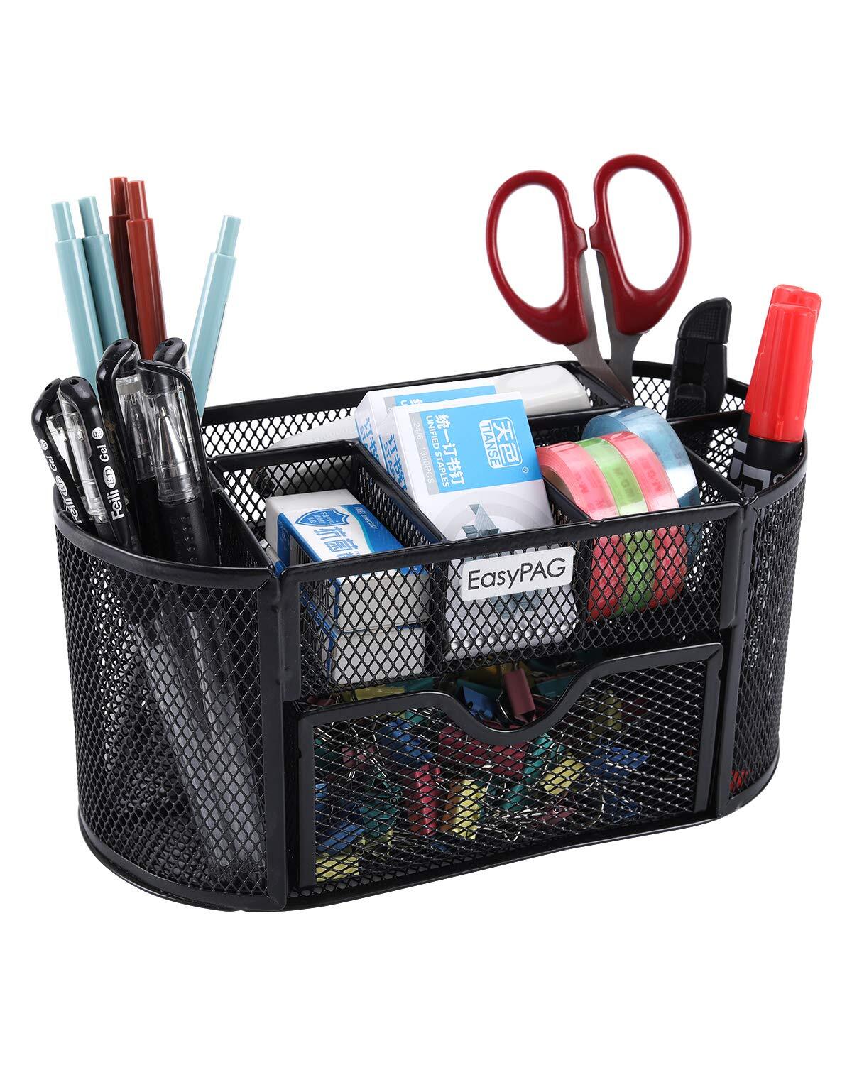 EasyPAG Office Desk Organizer with Drawer Small Mesh Desktop Pen Holder Black