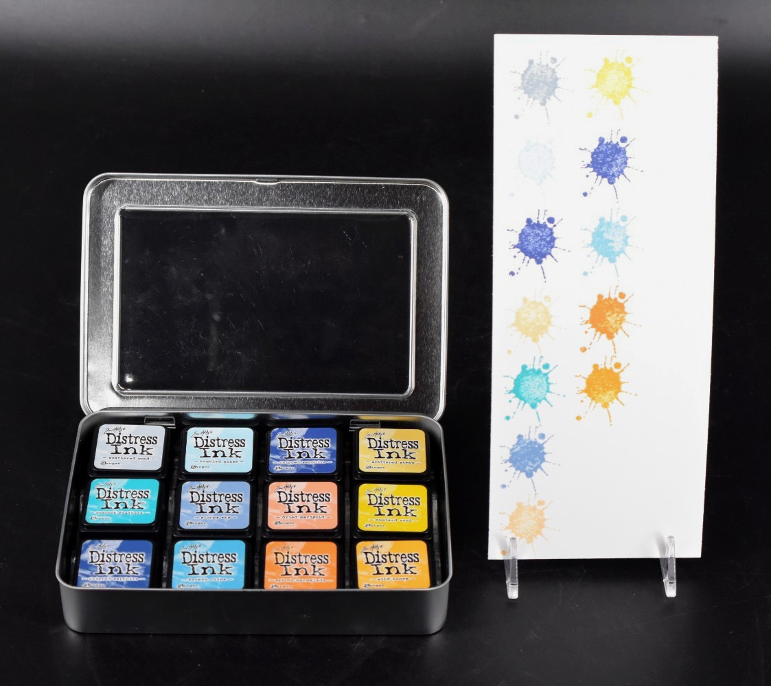 Tim Holtz Mini 1" x 1" Distress Ink & Tin Holder Case 12 PACK Orange Yellow Blue