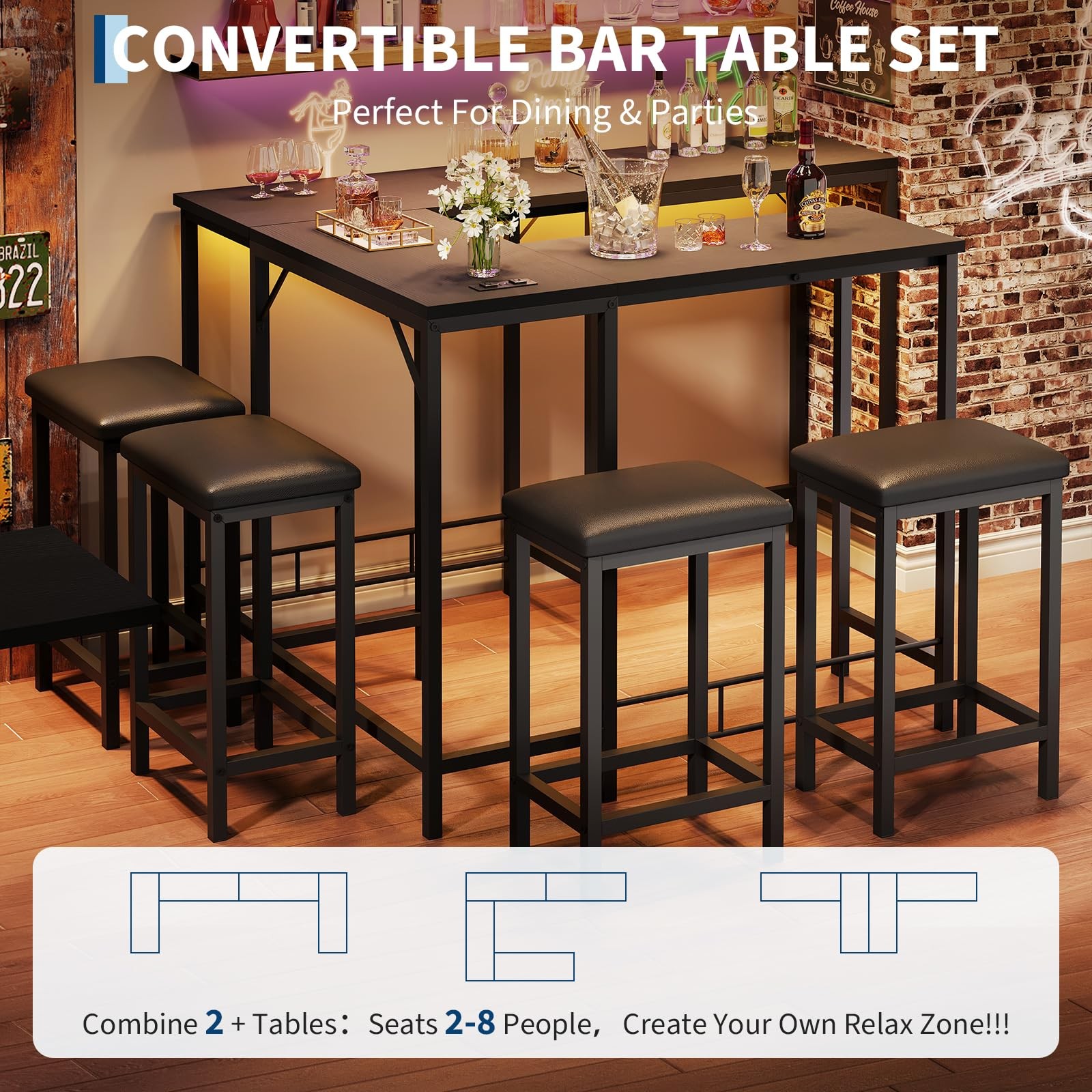 Bar Table and Chairs Set 63'' L-Shaped Bar Table with 2 Stools, Built-in Outlets