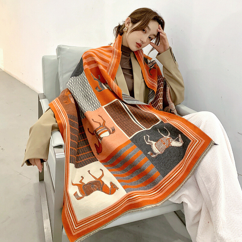 Thick Warm Winter Scarf Luxury Design Print Horse Women Cashmere Pashmina Shawl
