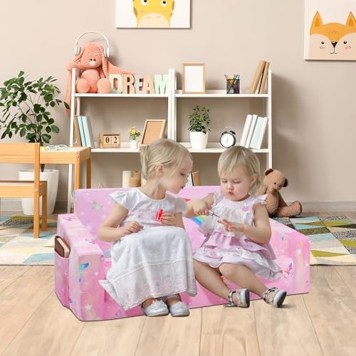 Foldable Kids Sofa Couch 2 in 1 Children Convertible Sofa to Princess Castle