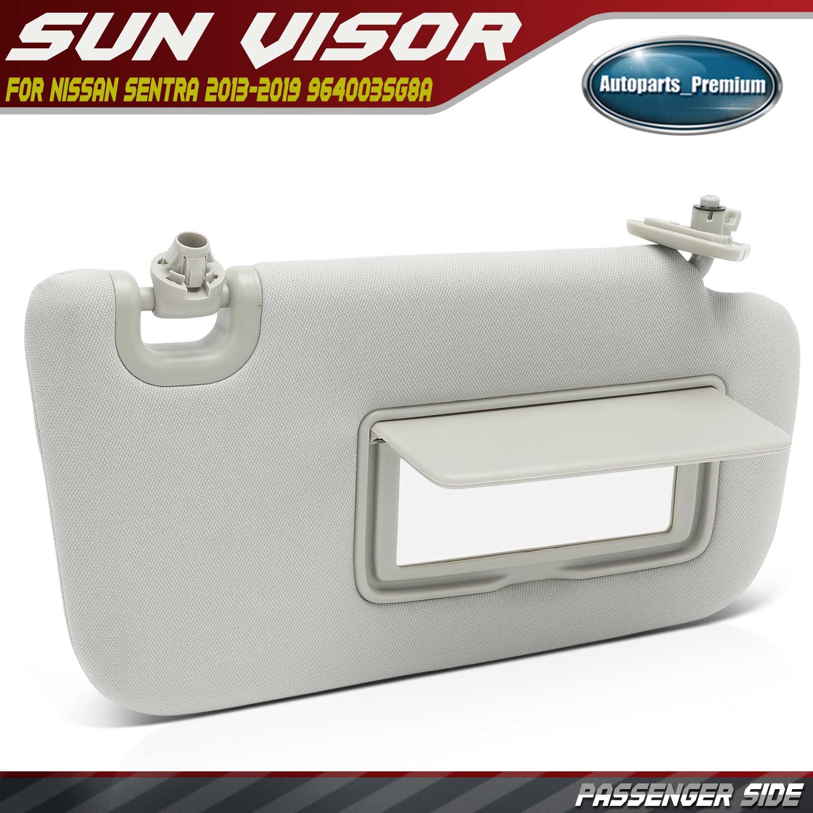 Gray Passenger Side Sun Visor with Extender & Mirror for Nissan Sentra 2013-2019