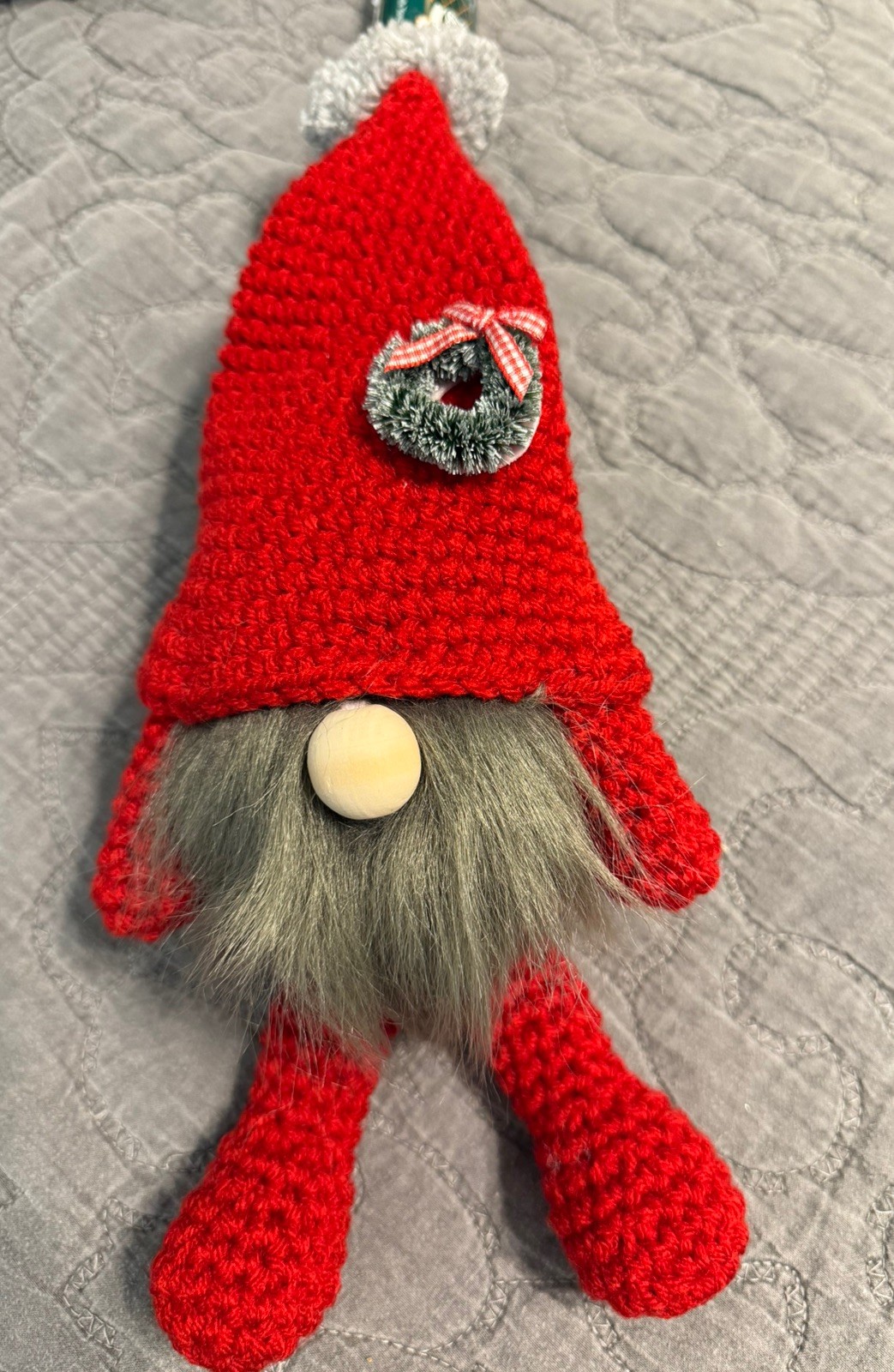 12 1/2” Crochet Gnome Red & Gray Handmade Cute!