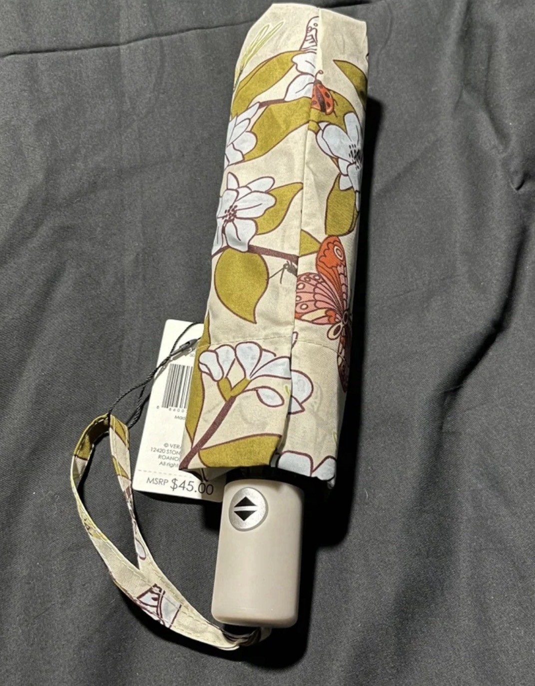 Vera Bradley Compact Automatic Umbrella Floral Butterfly Pattern Beige White Red