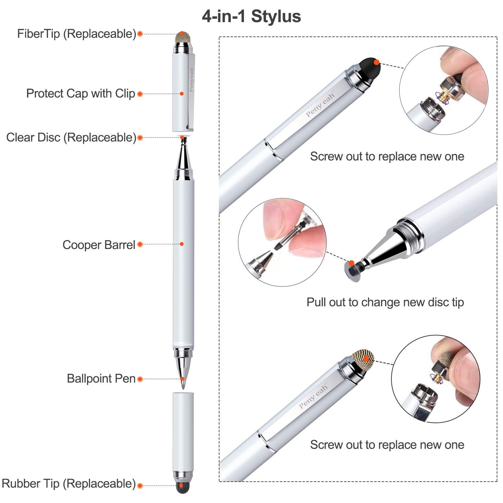 Stylus Pen for Touchscreen - Versatile 4 in 1 High Sensitivity and White