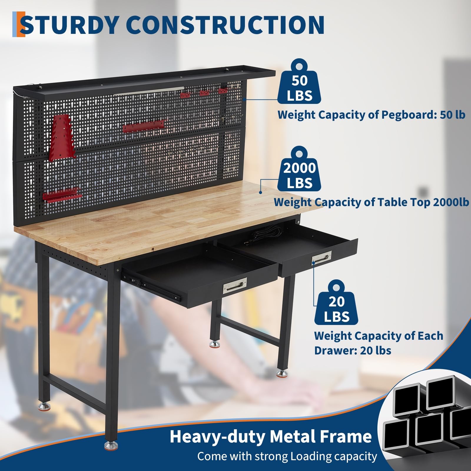🔝60" Adjustable Heavy Duty Workbench 2000 LBS Work Table with 2 Drawers LED Lig