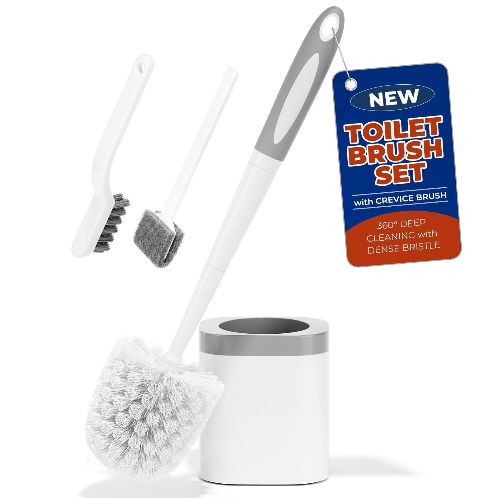 Holaloha Toilet Brush and Holder Set with Crevice for Bowl White