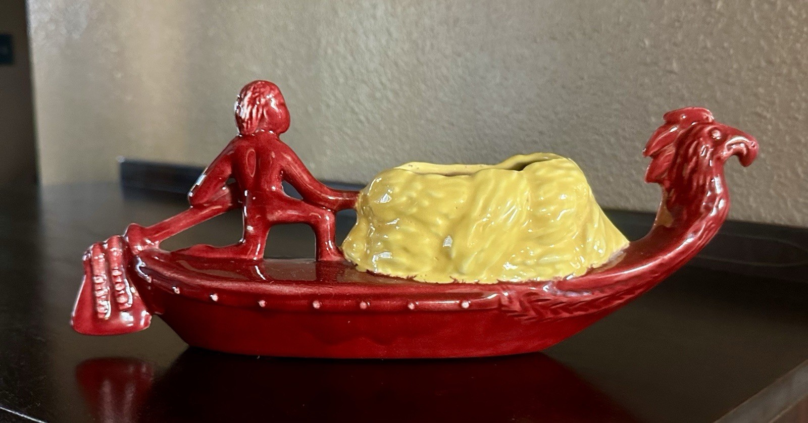 MCM Vintage California Pottery Gondola Planter Red Yellow Unknown Maker