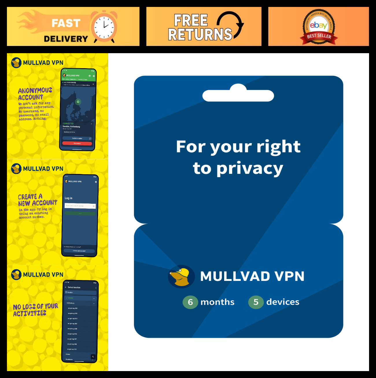 Secure VPN Service - 6 Months, 5 Devices | No-Log Privacy Protection | Fast & Re