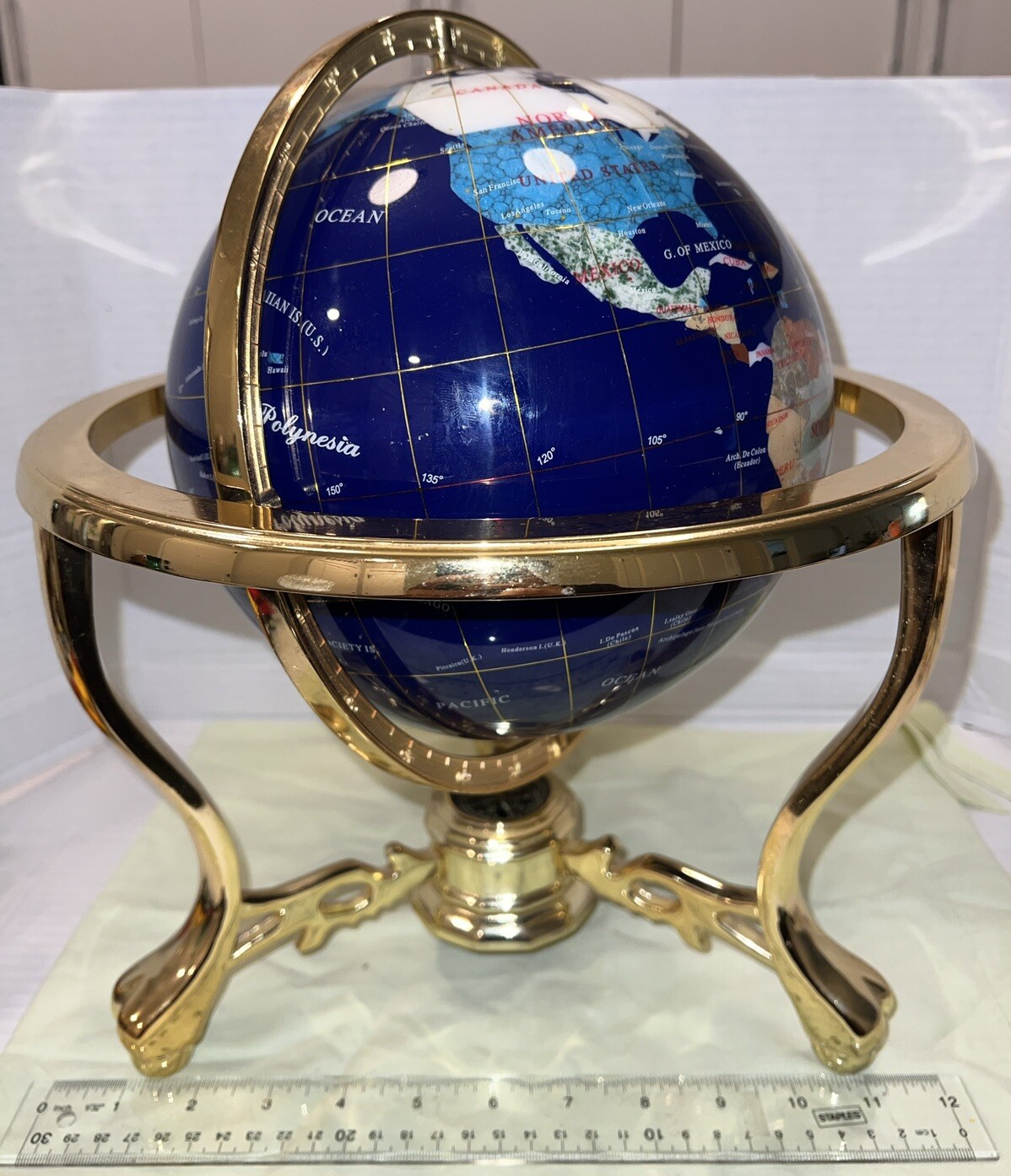 Vintage Globe Precious Inlaid Stone Solid Brass! 🌍