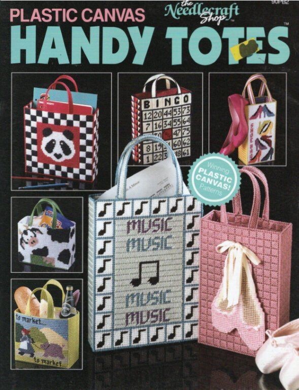 THE NEEDLECRAFT SHOP PLASTIC CANVAS HANDY TOTES 7 DESIGNS
