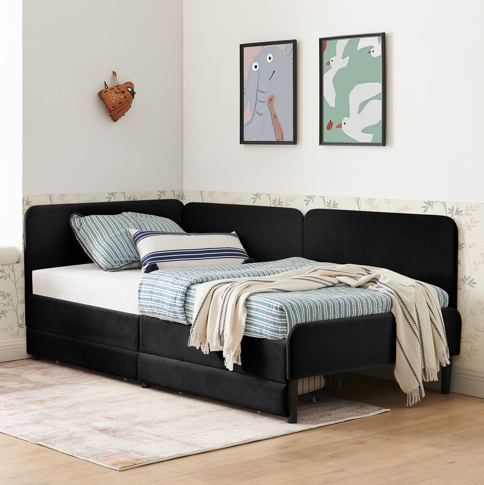 Twin Size Upholstered Platform Bed Frame with 2 Storage Drawers, Adjustable Vel