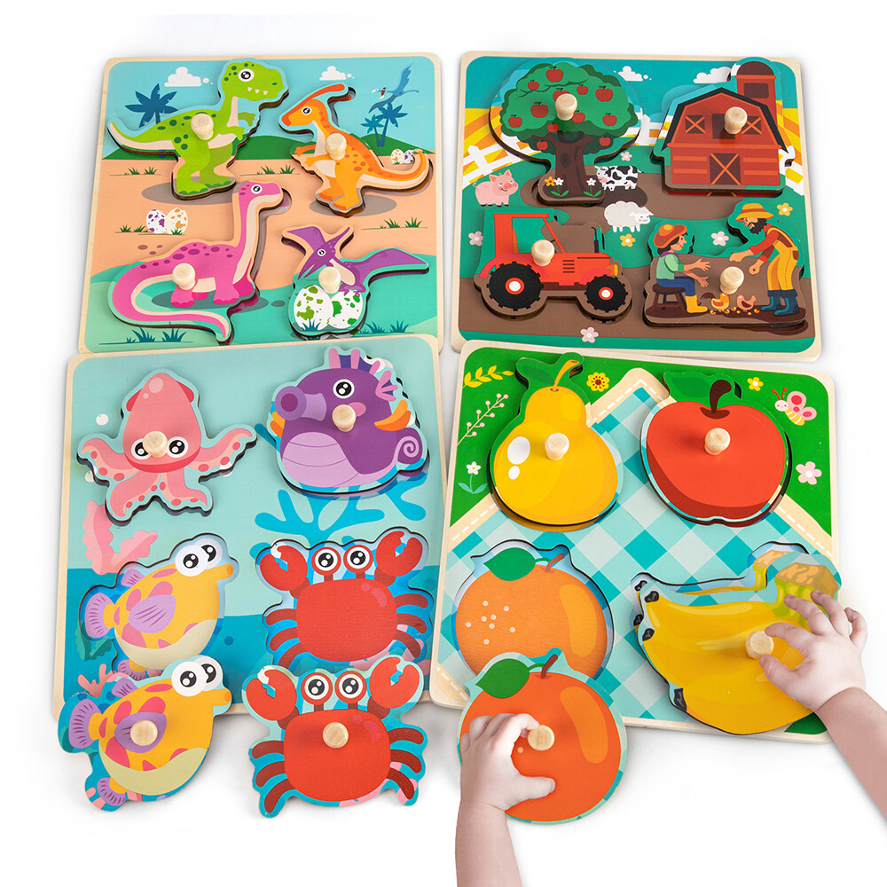 4PCS Wooden Peg Puzzles For Baby Toddlers Eco Friendly Animal Patterns Jigsaw
