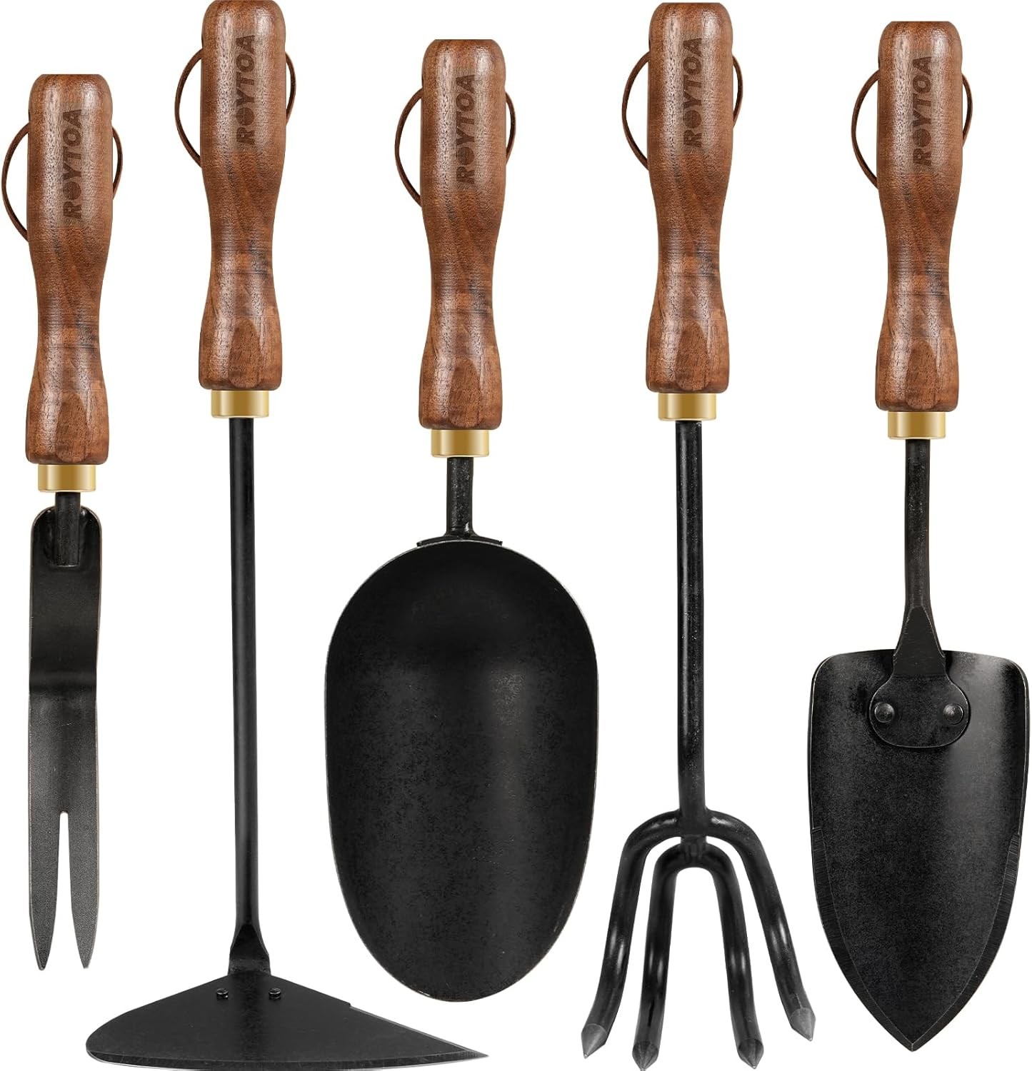 5 Pieces Garden Tool Set Stainless Steel Heavy Duty Handle Foldable Walnut Black