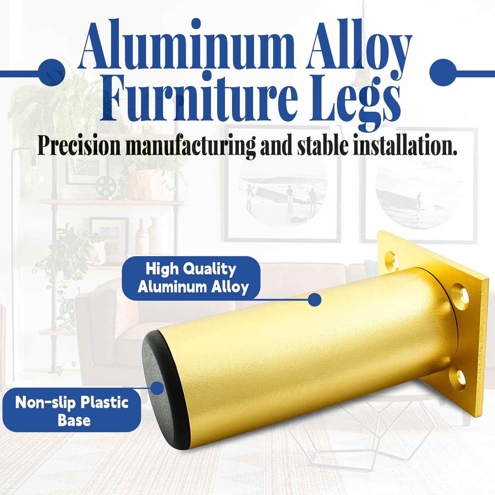 4 PCS 4 inch Gold Aluminum Alloy Furniture Legs 1.5in Dia Adjustable Feet