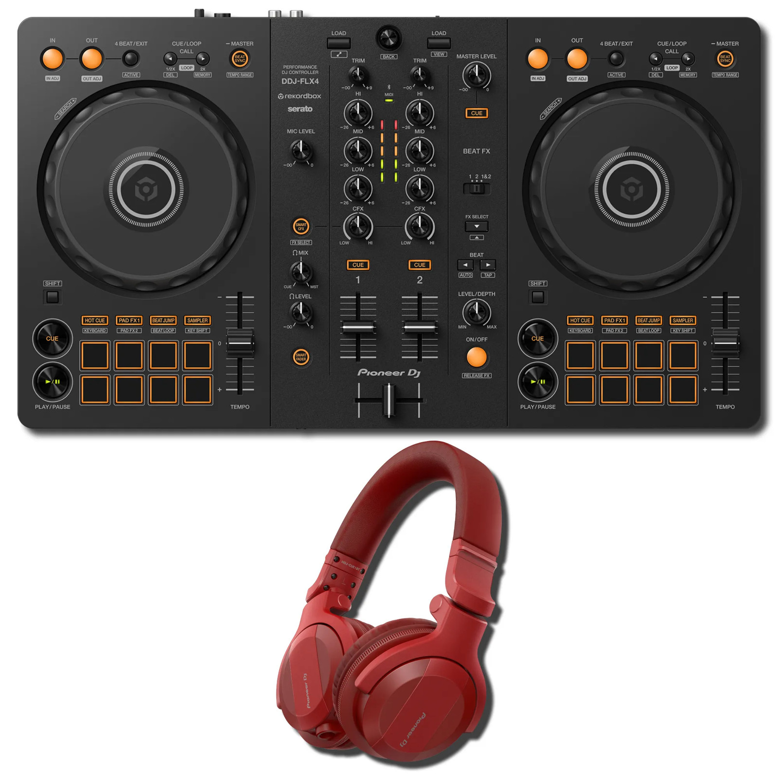 Pioneer DJ DDJ-FLX4 2-Channel DJ Controller w/ HDJ-CUE1BT-R Red BT Headphones