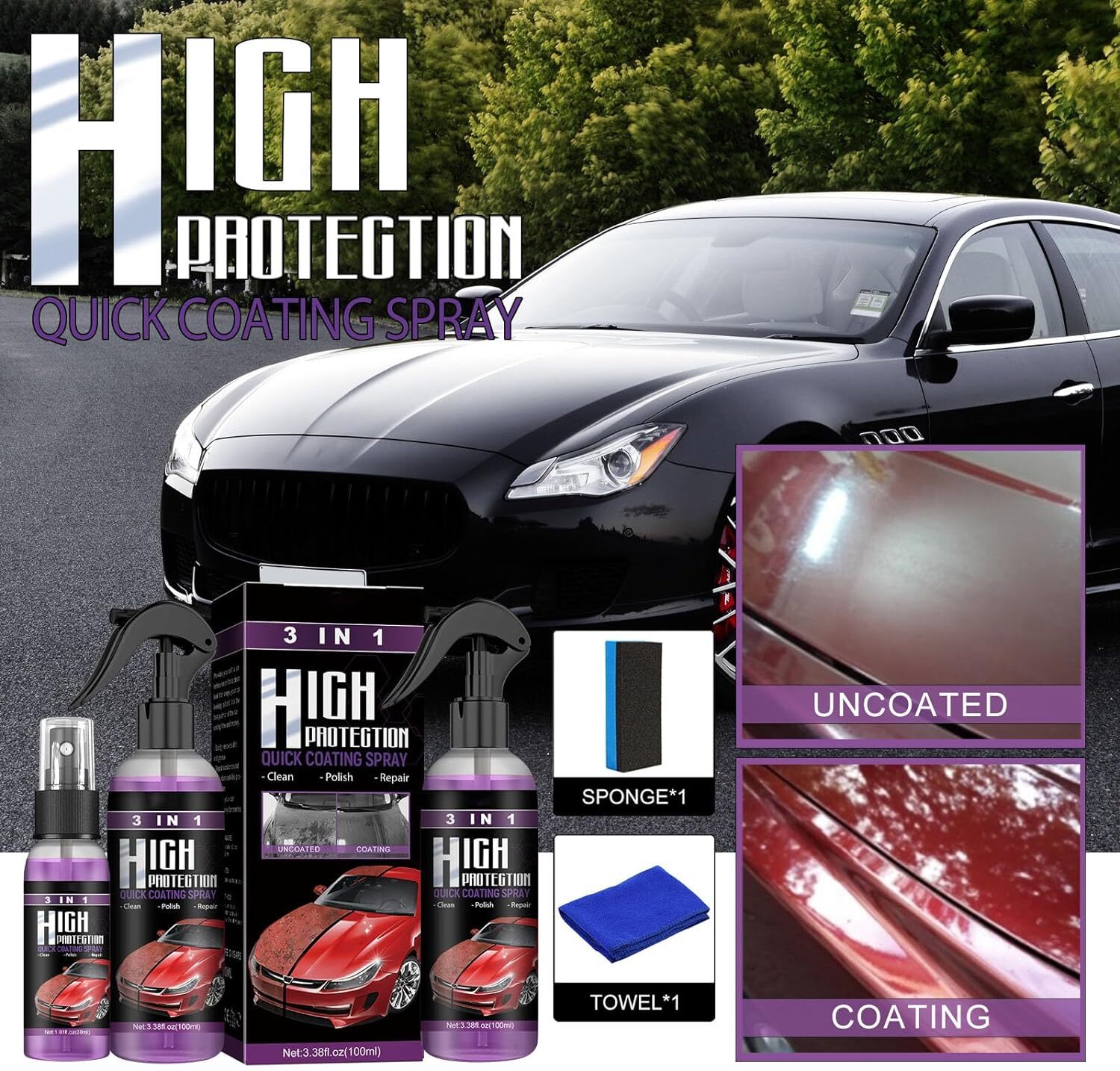 3 in 1 High Protection Quick Car Coat Ceramic Coating Spray Hydrophobic 300ML US