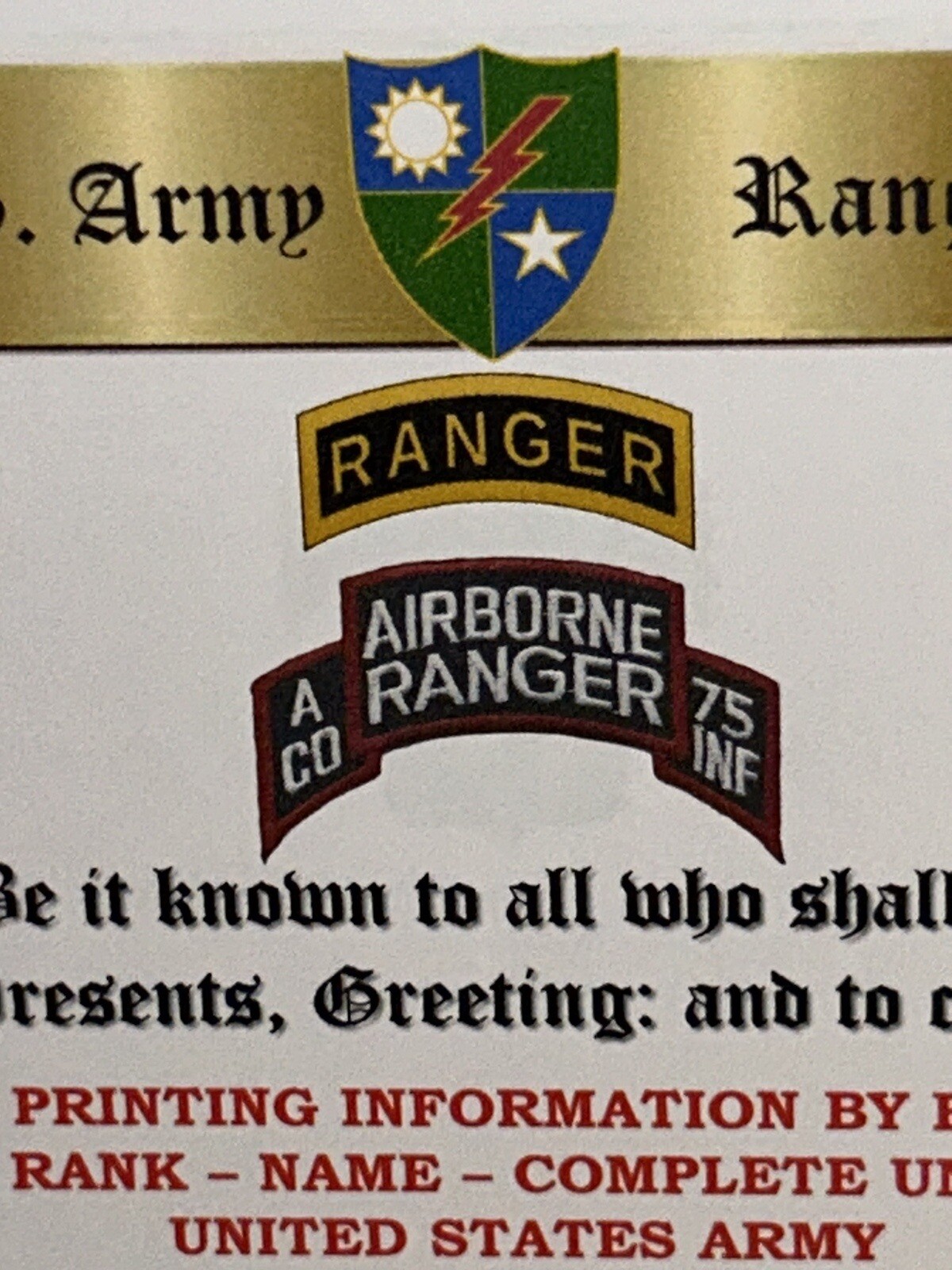 U.S. ARMY - A CO. 75TH RANGER INFANTRY / DISTINGUISHED COMMENDATION CERTIFICATE
