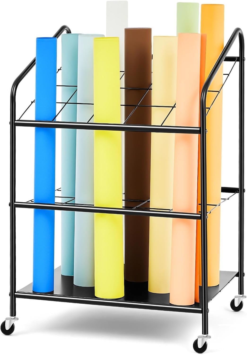 20 Slots Blueprint Storage Rack Wire Roll File Holder with Wheels Metal Poster