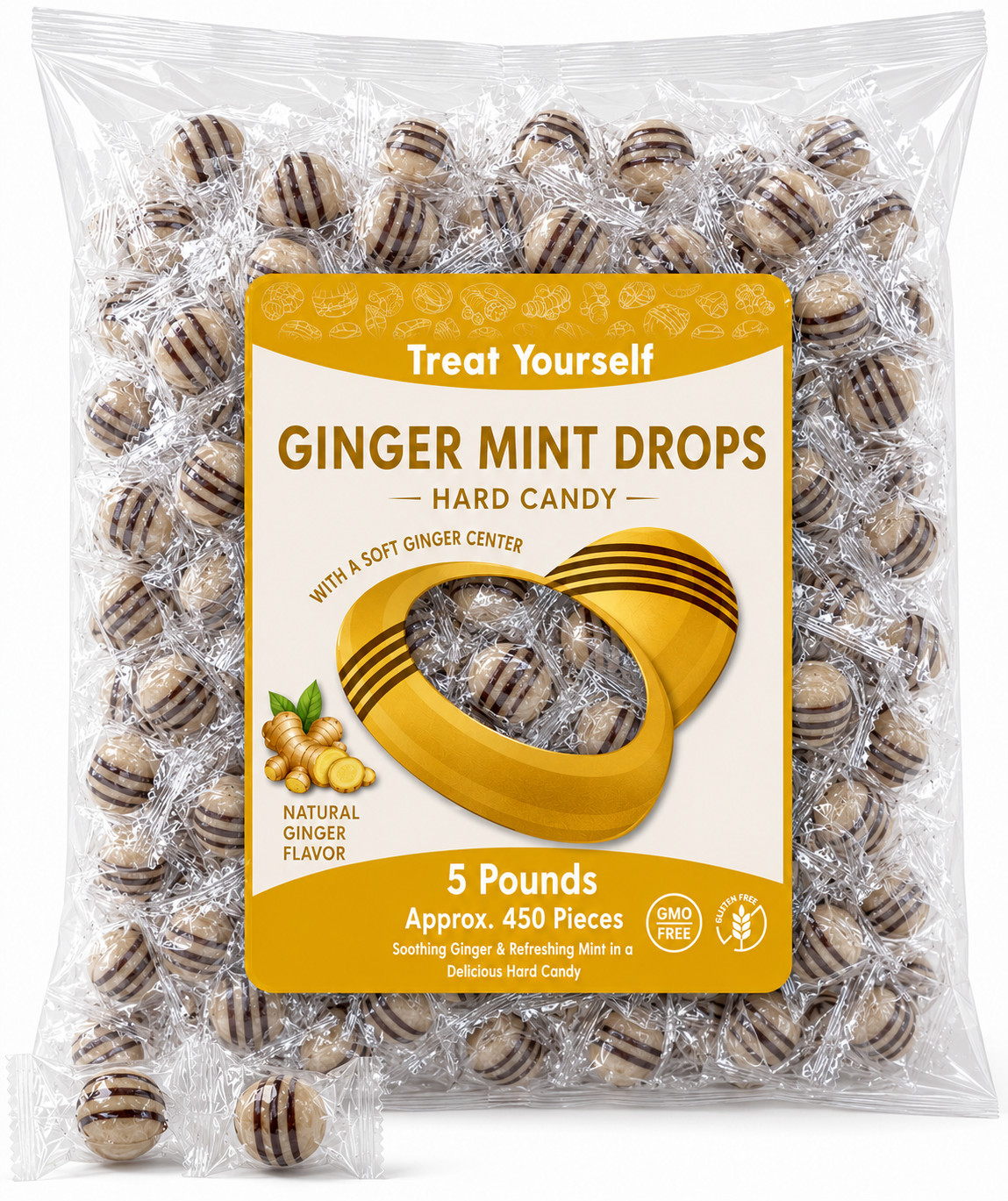Ginger Mint Drops With a Soft Ginger Center, Wrapped Bulk Hard Candy (5 Pounds)