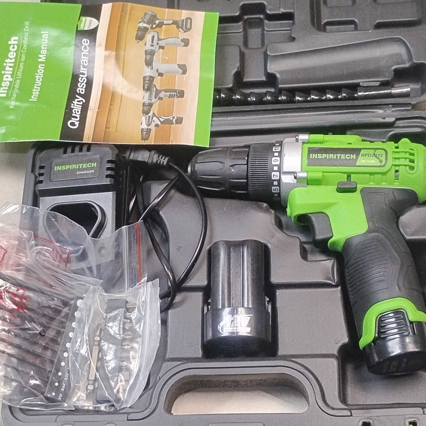 Inspiritech BPD2012-12V 12V Li-Ion Cordless Drill Set, Keyless Chuck, Case