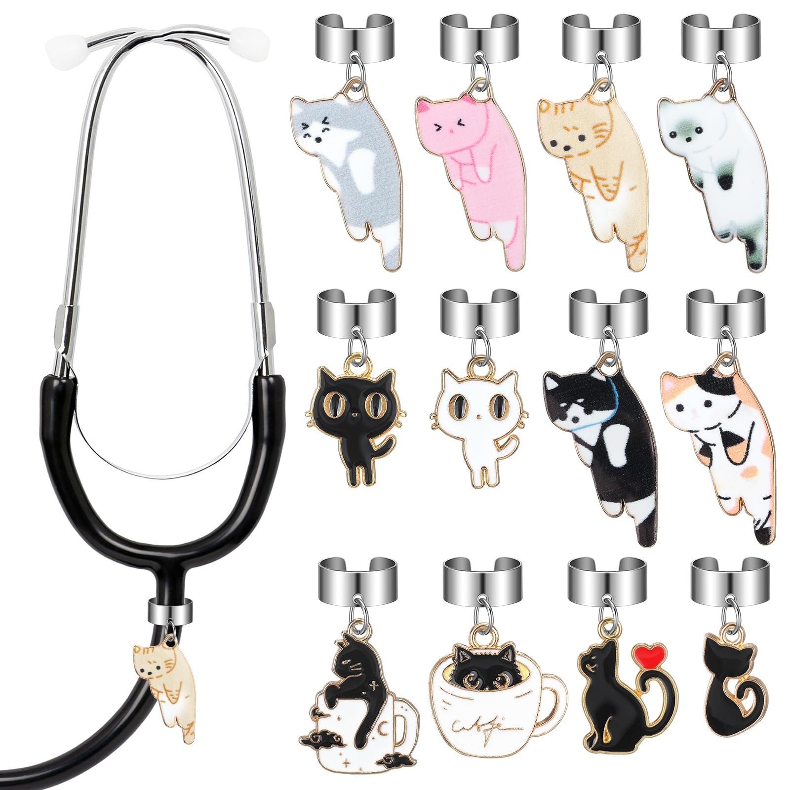 12 Pieces Nurse Day Cat Stethoscope Tags for Charm Cute Cats Adjustable Steth...