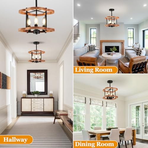 4-Light Rustic Semi Flush Mount Ceiling Light, 13" Farmhouse Wood Close to