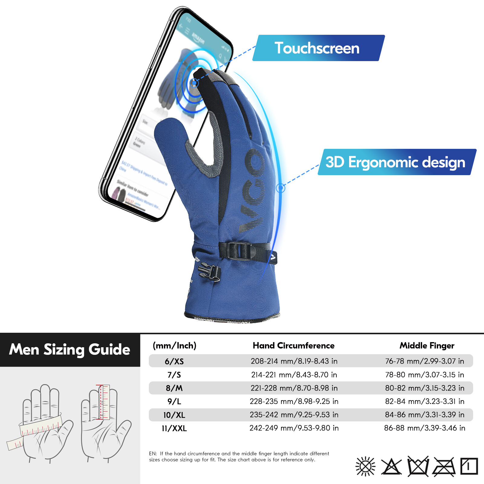 Vgo 1Pairs -4℉ Lined Touchscreen Waterproof Winter Work Gloves (SL7761FLWP-BLU)
