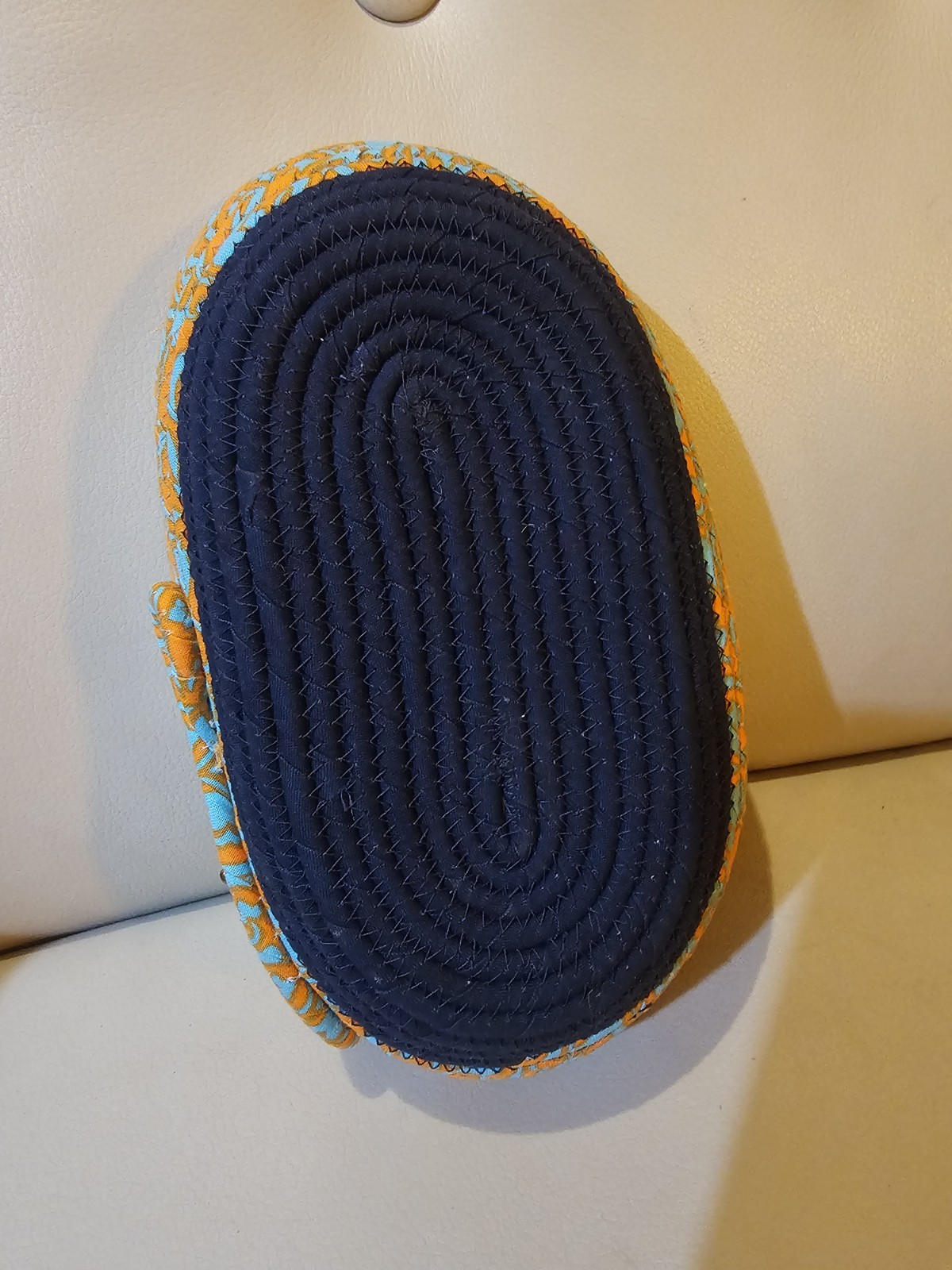 COILED FABRIC ROPE BOWL BASKET TURQUOISE n ORANGE 9"×5"