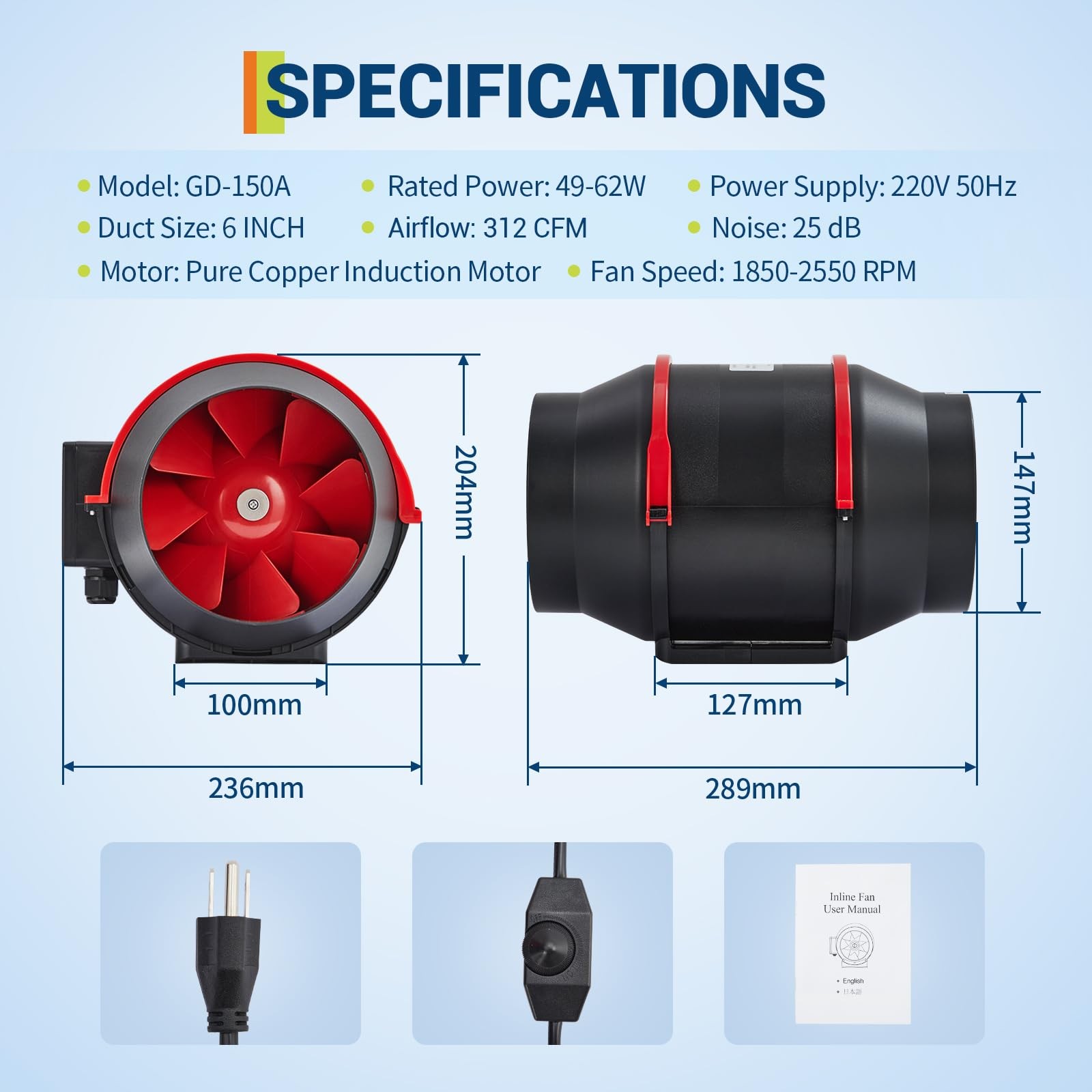 6 Inch Inline Duct Fan with Variable Speed Controller 312 CFM HVAC Exhaust Fan