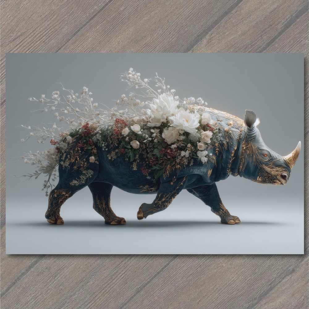 POSTCARD Decorative Floral Rhinoceros Sculpture Nature Animal Home Surreal