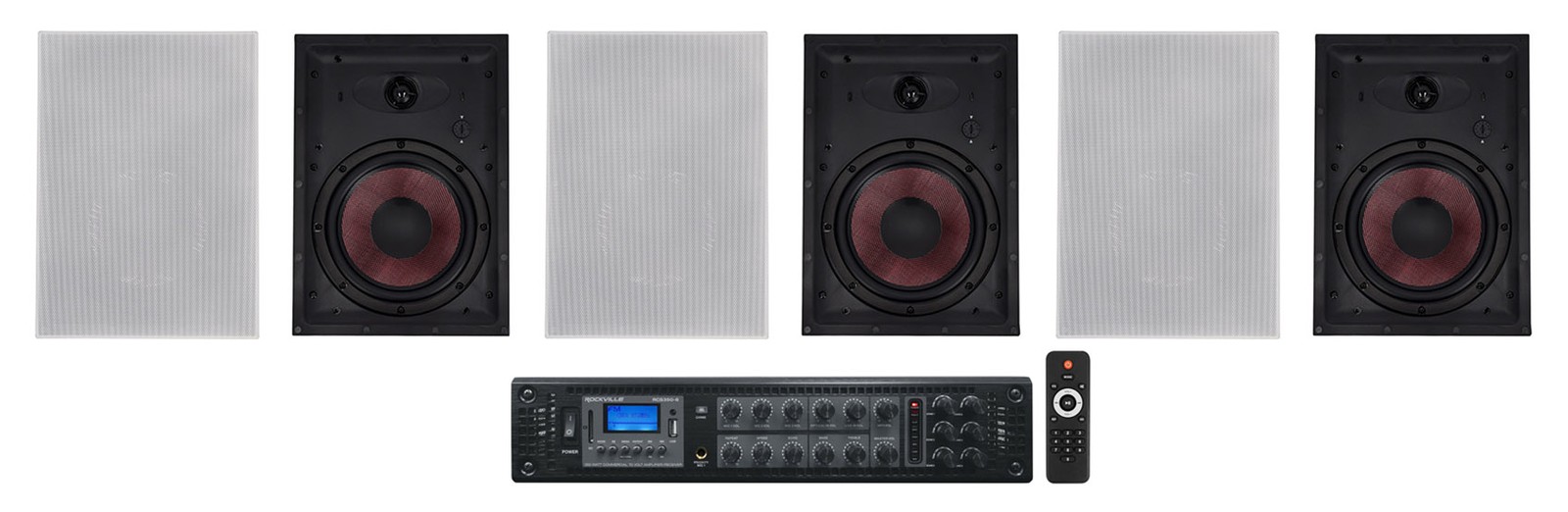 (6) Rockville WA870 8" 70V Commercial/Restaurant In-Wall Speakers+Receiver Amp