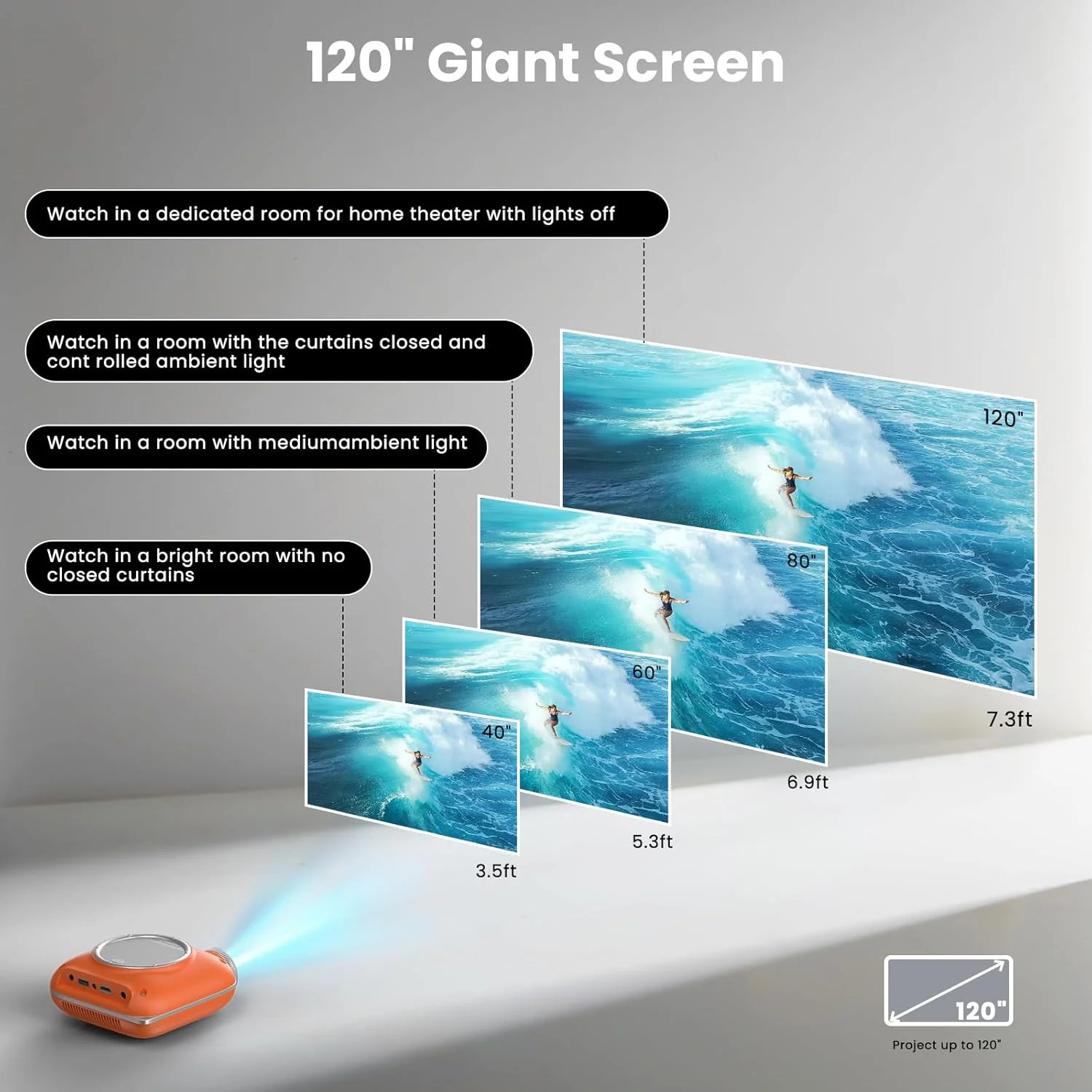 Orange,Mini Projector with Two -Way Bluetooth, Portable Projector, Support1080P