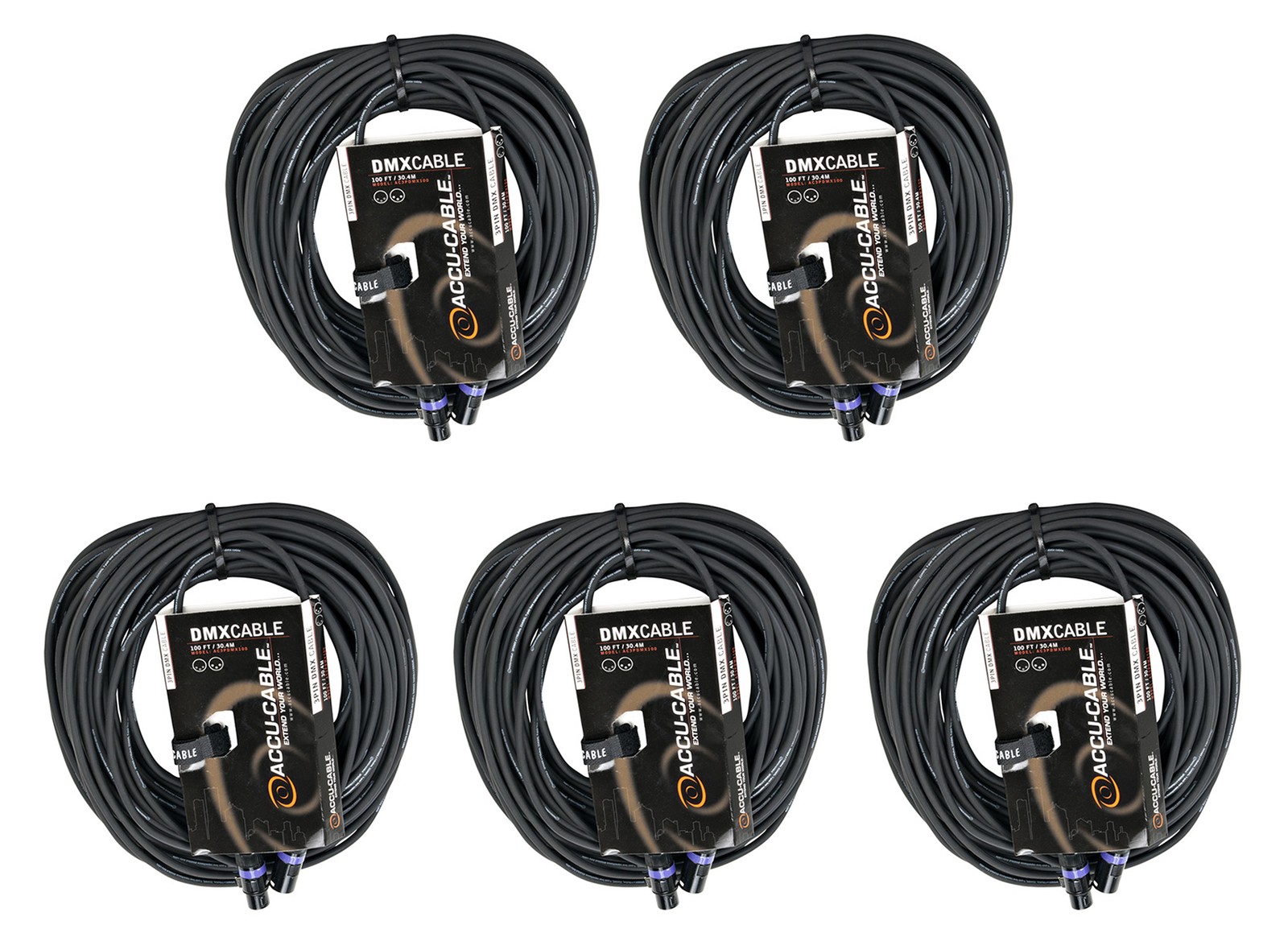 (5) Accu-Cable AC3PDMX100 100-Foot 3-Pin Male-Female DMX Lighting Cables ADJ